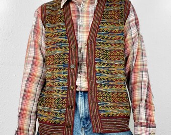 Vintage Example By Missoni Knitted Sweater Vest Funky Striped Geometric Pattern Abstract Retro Hippy Boho Grunge Button Gilet Waistcoat 90s