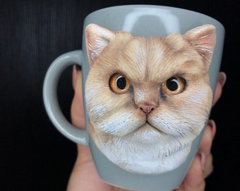 Taza de gato personalizada - Taza de gato de arcilla de polímero 3D hecha a mano - Retrato de gato 3d - Regalo de mamá de gato - Escultura de mascota personalizada - Regalo de pérdida de mascota - Memorial de mascotas