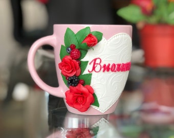 Personalized Valentines mug - Valentines gift for her - Custom mug with a name - Polymer clay roses mug - Flowers mug - Red Roses Art