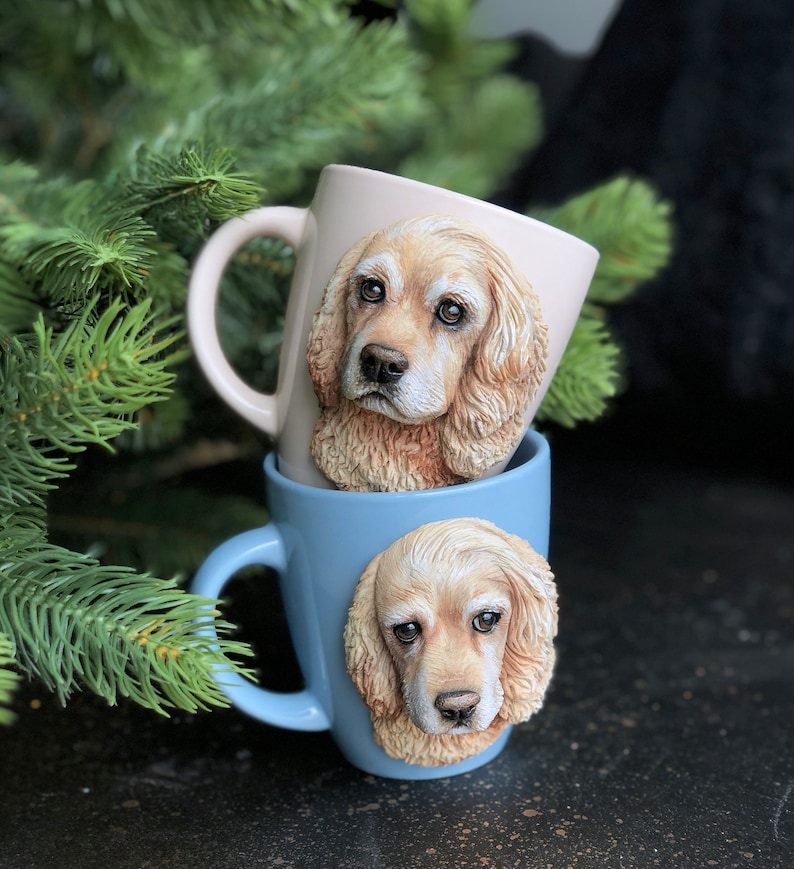 3d Custom Pet Mug Handmade Polymer Clay Dog Mug Retrato de perro Escultura personalizada de mascota Regalo para la pérdida de mascotas Cocker Spaniel Gift Dog Mom Gift imagen 1