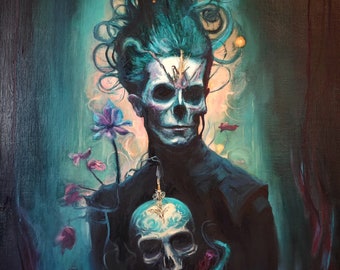 The Dark Sentencer - Original Dark Fantasy Gothic Oil Painting. Skull Art Horror Occult Large Wall Art.