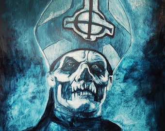 Papa Emeritus II tonal oil painting 20 x 30 inches. Secundo Emeritus Large Ghost band wall art. Tonal blue