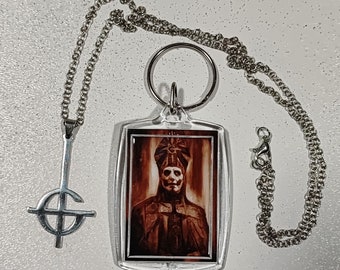Papa Emeritus iv key chain and Grucifix Ghost band trinket necklace jewelry. Papa Emeritus keyrings