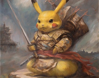 Samurai Pikachu original oil painting 18 x 18 inches. Pokémon fanart fine art painting