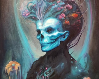 The Keeper - Original Oil Painting - Large Canvas Wall Surreal Gothic horror Occult Dark Fantasy Art featuring Skulls and Flowers.