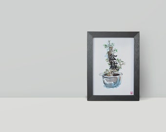 Stampa artistica | Acquerello di un bonsai | Decorazione murale o cornice, inchiostro giapponese stilizzato e Kanji