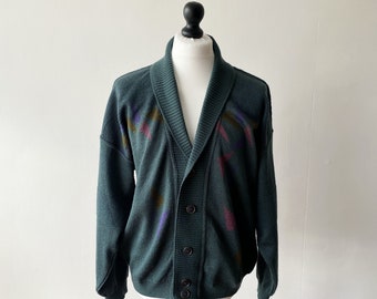 Vintage 90s Grandpa Cardigan Green Patterned Wool Blend Jacket Knitted Knit Cardigan Cosby Sweater Coogi Style Jumper Size Large