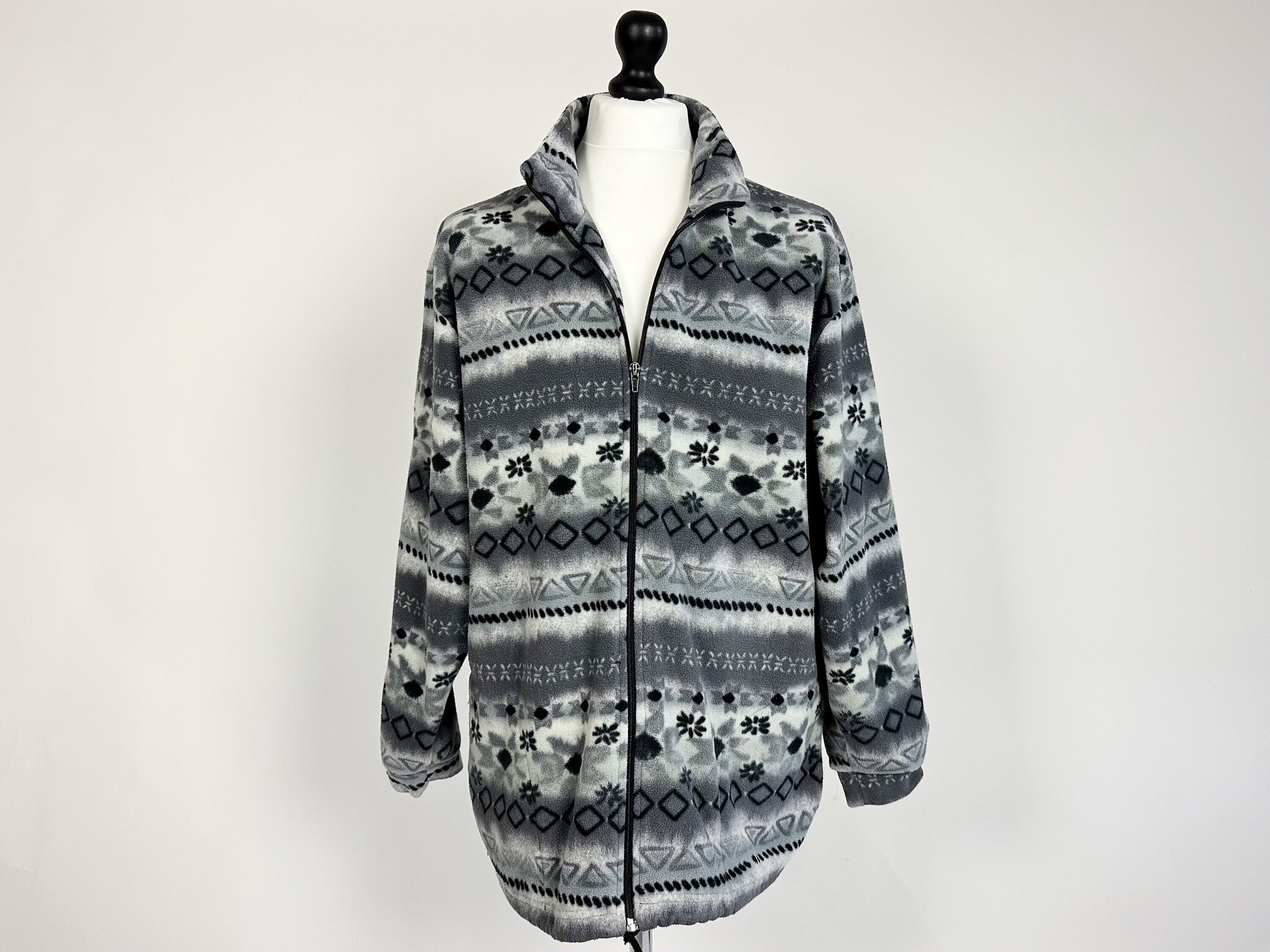 Vintage Fleece Jacket Patterned Fleece Zip up 90s Boho Jumper