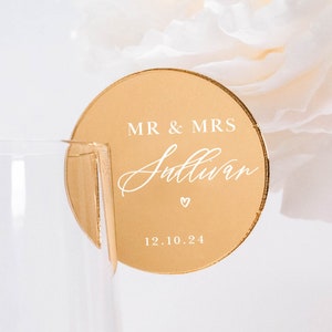 Personalised Acrylic Wedding Mr & Mrs, Drink Topper, Place Card Champagne Glass, Wine Glass. Drink Tag Tags Charm Disc Token Wedding Favour