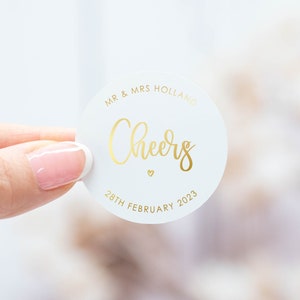 Personalised 'Cheers' Stickers. Wedding Stickers, Wedding Labels, Wedding Favours, Shots for Bottle, Favor Label Tag, Clear, Frosted, White