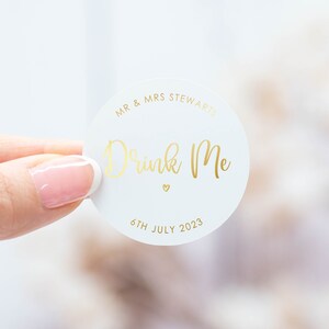 Personalised 'Drink Me' Stickers. Wedding Stickers, Wedding Labels, Wedding Favours, Shots for Bottle, Favor Label Tag, Clear, Frosted White