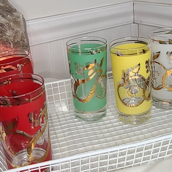 5 vintage gold foil fruit pattern barware glasses Libbey?