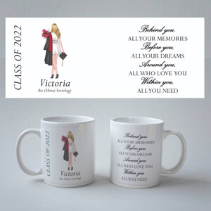 Personalised Graduation Mug Celebration Gift Behind You, Before You (White Dress Blonde)