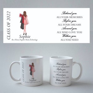 Personalised Graduation Mug Celebration Gift Behind You, Before You (Pink Dress Brunette)