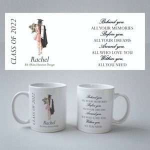 Personalised Graduation Mug Celebration Gift Behind You, Before You (Pink Dress Brunette) 2