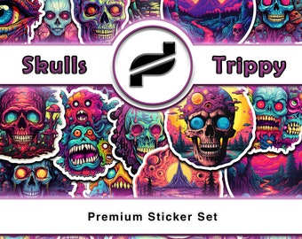 10 Trippy Skull Collection Various Art Styles and Colors Sticker Lot Pack Easy Peel Notebook Skateboard Laptop Water Bottle Car Decals Pack