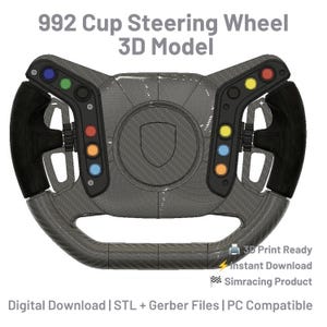 May include: A 992 Cup Steering Wheel 3D Model featuring a carbon fiber texture, black grips, and colorful buttons. Text includes 992 Cup Steering Wheel 3D Model, 3D Print Ready, Instant Download, Simracing Product, Digital Download, STL + Gerber Files, PC Compatible.