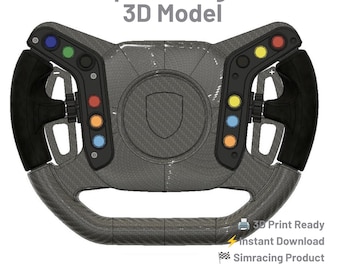 Op de afbeelding: Een 3D-model van een 992 Cup-stuurwiel met een koolstofvezeltextuur, zwarte handgrepen en kleurrijke knoppen. De tekst bevat 992 Cup Steering Wheel 3D Model, 3D Print Ready, Instant Download, Simracing Product, Digital Download, STL + Gerber Files, PC Compatible.