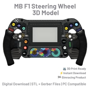 May include: A 3D model of an MB F1 steering wheel featuring a carbon fiber texture, a central display screen, and numerous colorful buttons labeled with text like DRS, PC, and BB+. The device includes rotary dials and black ergonomic grips.