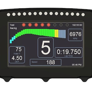 May include: A black digital racing dashboard display featuring a central gear indicator showing 5, a tachometer bar graph, and numerical readouts for RPM, water temperature, oil pressure, speed, and lap time. The screen displays Test Racing text.