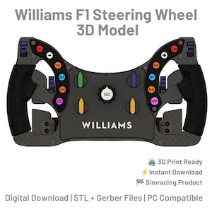 May include: A 3D model of a Williams F1 steering wheel featuring a carbon fiber texture, black grips, and numerous colorful buttons labeled with text including N/R, OK, BB-R, OS, BW, LIM, RAD, BB-F, US, HPP, and GO. The text Williams F1 Steering Wheel 3D Model is visible.