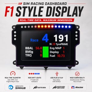 Könnte beinhalten: Schwarzes F1-Sim-Racing-Dashboard mit Echtzeit-Datenanzeige. Der Bildschirm zeigt Renndaten wie Geschwindigkeit, Kraftstoff und Motormesswerte an. Mit RGB-Schaltlichtern und USB Plug & Play. Kompatibel mit Assetto Corsa, iRacing und mehr.