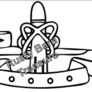 May include: Black and white line drawing of a submarine and an airplane with a crown on top. The crown has a cross on top and a circle around it. The submarine and airplane are connected by a ribbon with five circles on it.