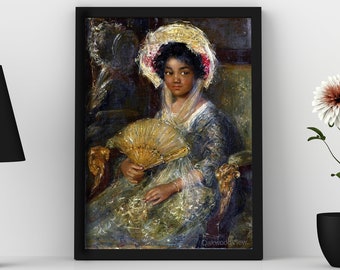 Antique oil painting portrait of a black girl, African American girl art print, Black child painting, Victorian dress, Vintage child art