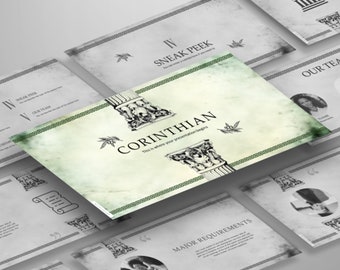 May include: A presentation template with a vintage aesthetic featuring a Corinthian column design. The text "Corinthian" is displayed on the slide, along with the phrase "This is where your presentation begins".