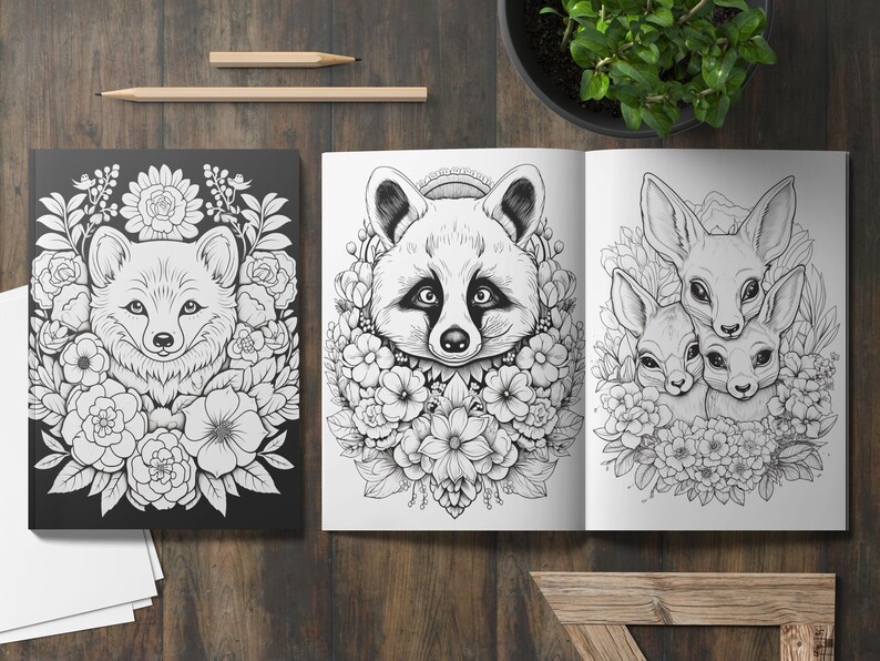 100 Animal in Flowers Coloring Book for Adult, Animal Coloring