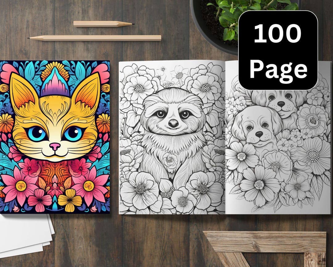 100 Animal in Flowers Coloring Book for Adult, Grayscale Coloring Pages ...