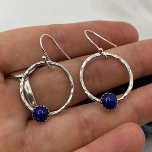 Lapis Lazuli hammered hoop earrings. Sterling silver