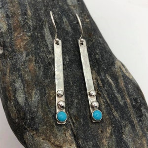 Long Sterling silver earrings with turquoise stone and silver spheres