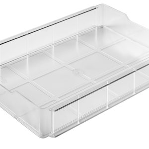 Può includere: Una scatola di contenimento in plastica trasparente con più scomparti. La scatola è divisa in sezioni da divisori in plastica trasparente.