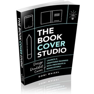 Pode incluir: Um livro intitulado "THE BOOK COVER STUDIO" com capa preta e texto branco e azul-turquesa. A capa apresenta ilustrações de um tablet, um lápis e uma lâmpada. A lombada do livro diz "THE BOOK COVER STUDIO" verticalmente.