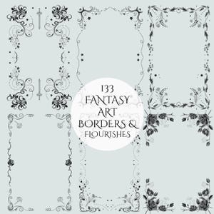 133 Fantasy Art-randen en 40 bloemen - sierlijke PNG-clipartset (digitale download)