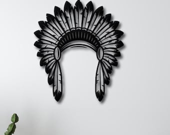 Red Indian Chief Headdress Decor, Tribal Metal Artwork, Red Indian Headdress Sign, North America Wall Decor, Native American Wall Art