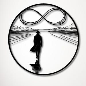 May include: Black metal wall art featuring a silhouette of a person walking towards an infinity symbol, set against a simple landscape background.