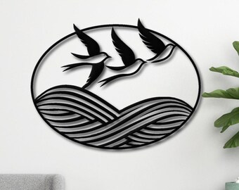 Seagull Flying Over Sea Waves Metal Wall Decor - Coastal Wall Decor - Peaceful Nature Decor - Minimalist Birds Wall Decor - Bedroom Decor