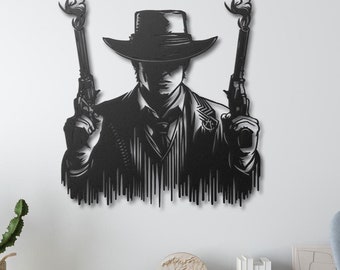 Cowboy Metal Wall Art, Cowboy Metal Wall Decor, Western Wall Decor, Gift for Brother Birthday, Western Lover Decor, Man with Gun Wall Sign