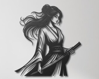 Japanese Woman Samurai Metal Wall Art, Woman Warrior with Katana, Woman Warrior Art, Japanese Gifts, Samurai Bedroom Decor, Birthday Gift