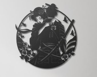 Geisha Samurai Metal Wall Art, Geisha Samurai Decor, Romantic Japanese Wall Art, Geisha Wall Decor, Perfect Gift for Couples, Japan Art