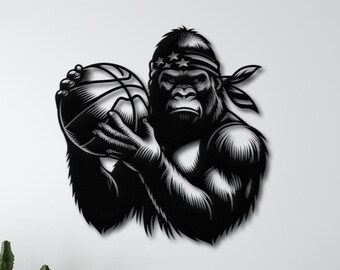 Basketball Gorilla Metal Wall Art, Bold Gorilla Wall Decor, Basketball Artwork for Bedroom, Man Cave, Home Gym Office Decor, Christmas Gift
