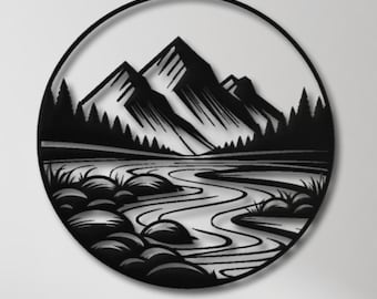 River & Mountain Metal Wall Art – Minimalist Landscape Wall Decor – Nature Inspired Metal Artwork – Living Room Decor
