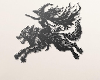 Enchanting Witch Riding a Werewolf Metal Wall Art, Unique Gothic Home Decor, Halloween Gift, Mystical Art for Witch Lovers, Halloween Art