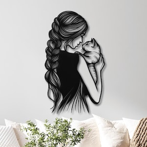 Woman with Cat Metal Wall Art – Unique Gift for Cat Lovers - Cat Owner Wall Art - Woman Wall Decor - Cat Lover Home Decor - Cat Wall Sign