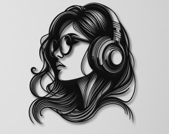 Girl with Headphones Metal Wall Art, Woman Metal Wall Decor, Music Room Decor, Gift for Sister, Music Lover Decor, Bedroom Wall Decor