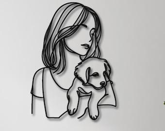 Woman Puppy Metal Wall Art – Unique Gift for Puppy Lovers - Minimalist Dog Owner Wall Art - Woman Wall Decor - Garden Wall Decor