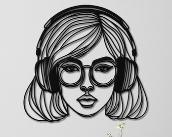 A Bespectacled Woman with Headphones Metal Wall Art, Minimalist Woman Metal Wall Art, Music Room Decor, Gift for Sister, Bedroom Wall Decor