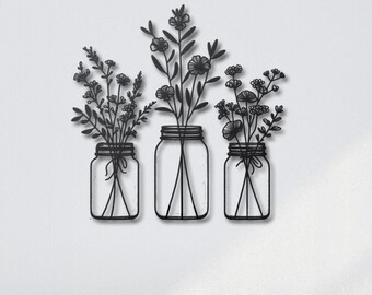 Flower in Mason Jars Metal Wall Art, Kitchen Flower Wall Art, Home Garden Metal Wall Art, 3 Piece Flowers Art, Gift for Mom, Christmas Gift